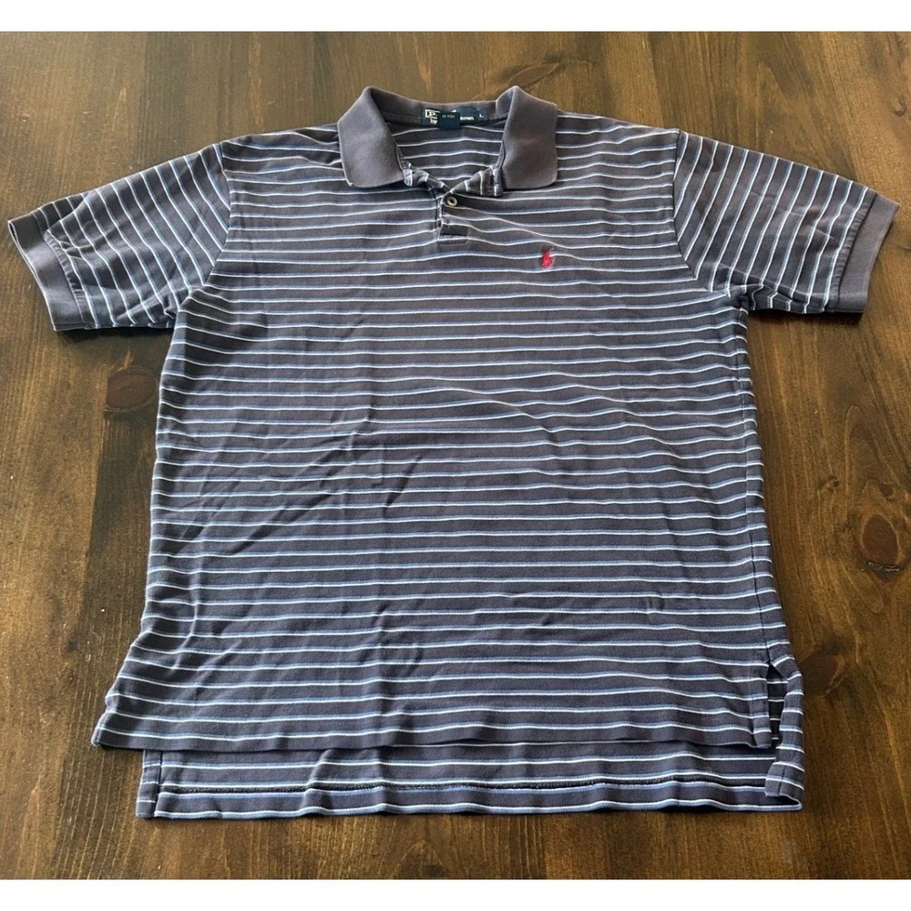Polo Ralph Lauren Shirt Large Blue Striped Pique Cotton Pony Logo Preppy Casual